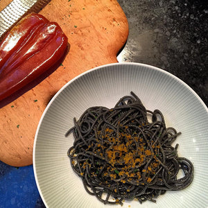 Tonnarelli al Nero di Seppia con la Bottarga (Squid Ink Tonnarelli with Bottarga)